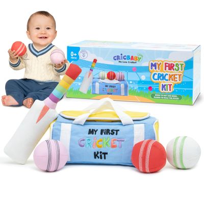 My First Cricket Kit | Cotton Soft Plush Toy | Gift Baby and Infant 0+ Months | 3 Soft Sensory Cricket Balls  Rattle, Crinkle, Squeaker & 1 Rainbow Rattle Cricket Bat | Safe, Fun, Educational