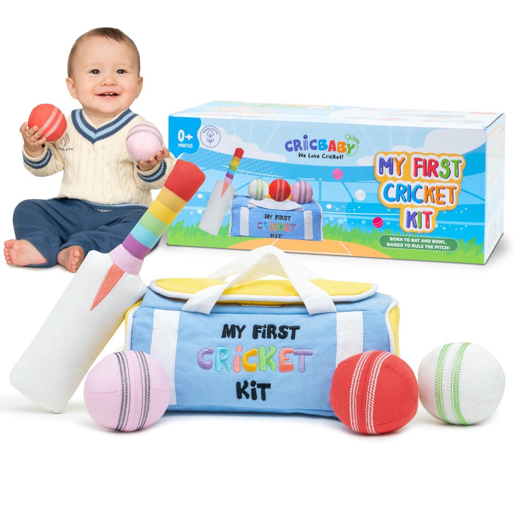 My First Cricket Kit | Cotton Soft Plush Toy | Gift Baby and Infant 0+ Months | 3 Soft Sensory Cricket Balls Rattle, Crinkle, Squeaker & 1 Rainbow Rattle Cricket Bat | Safe, Fun, Educational