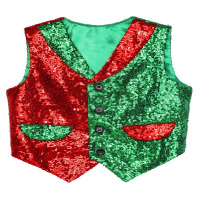 Rswnyirn Kids Boys Christmas Shawl Collar Vest Top Button Waistcoat Shiny Sequin Choir Jazz Dance Performance Costume Red&Green 14 Years