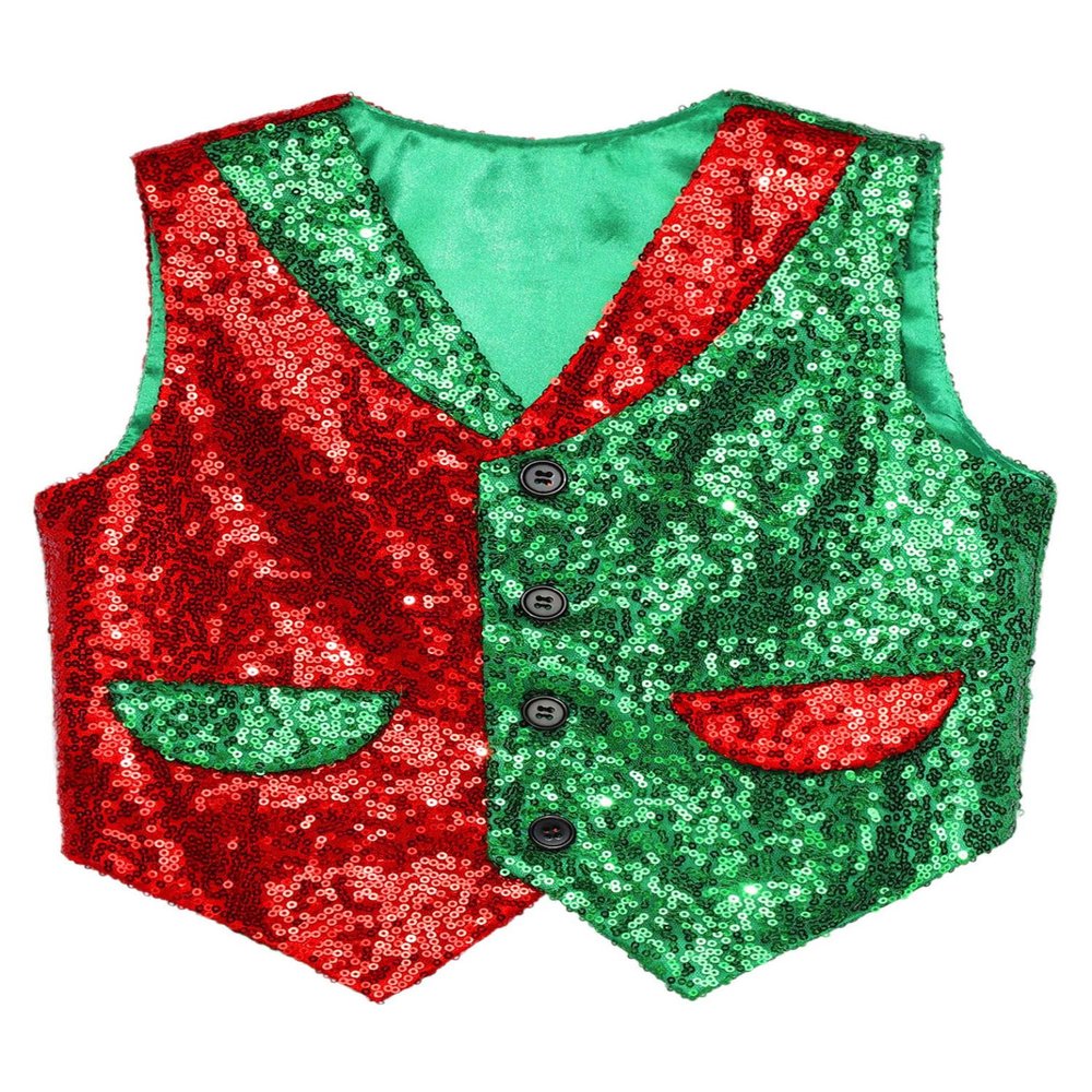 Rswnyirn Kids Boys Christmas Shawl Collar Vest Top Button Waistcoat Shiny Sequin Choir Jazz Dance Performance Costume Red&Green 14 Years