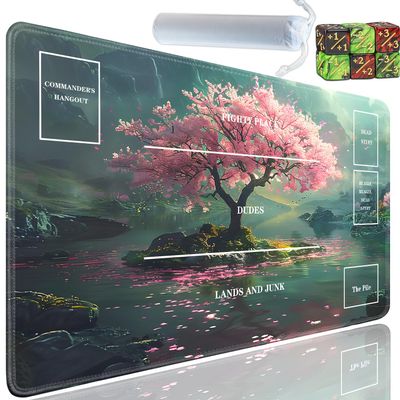 Yuxcfhjfe for MTG Playmat, for TCG Playmat with Zones, Non-Slip Rubber Bottom Trading Card Game Mat with Storage Bag and 6 Dice, 24 x 14 inches for MTG Playmat Game Mat, Pink Tree of Life Pattern