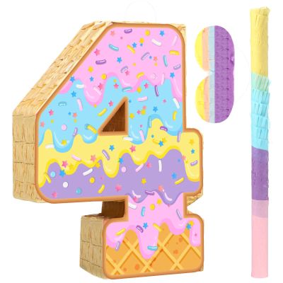 Aoriher Summer Birthday Piata Ice Cream Game Set Summer Number Piata with Bat Stick Blindfold Mask Confetti for Sundae Theme Birthday Baby Shower Party Game Supplies Decor(Number 4)
