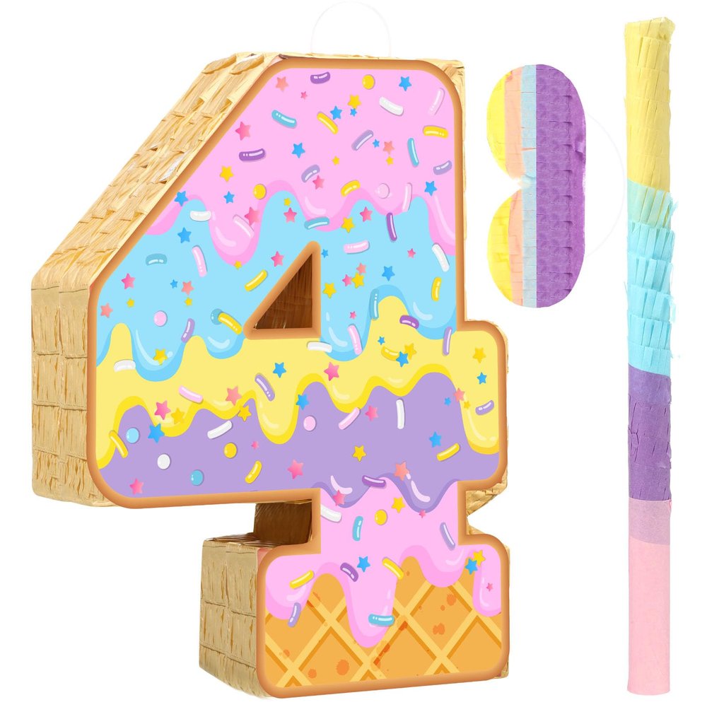 Aoriher Summer Birthday Piata Ice Cream Game Set Summer Number Piata with Bat Stick Blindfold Mask Confetti for Sundae Theme Birthday Baby Shower Party Game Supplies Decor(Number 4)