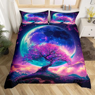 Castle Fairy Peach Flowers Duvet Cover Set Toddler Size,Moon Printed Bedding Set for Kids Boys Girls Room Decor,Pink Floral Comforter Cover,Galaxy Quilt Cover with 1 Pillowcase(No Comforter)