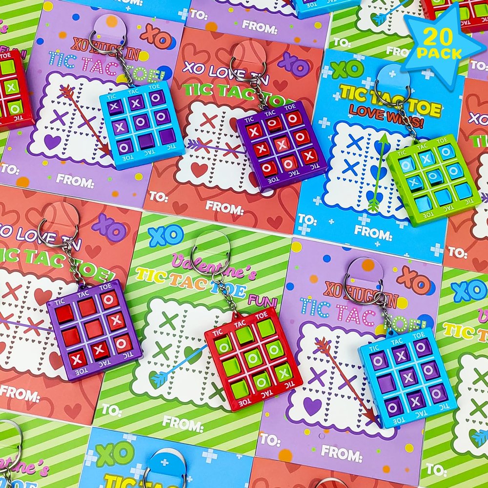 Tic Tac Toe Valentines Day Gifts for Kids Classroom,20 Pack Tic Tac Toe Game Keychains w/ Class Exchange Cards for Boys Girls,Valentine Non Candy Treats Goodie Bag Stuffers School Party Favors Prizes
