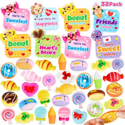 32 Packs Valentines Day Gifts for Kids with Candy Mochi Dessert Squishy Toys, Valentines Cards for Kids Classroom with Cute Squeeze Fidget Toys, Valentines Party Favors, Class Exchange & School Prize