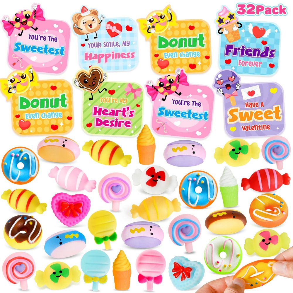32 Packs Valentines Day Gifts for Kids with Candy Mochi Dessert Squishy Toys, Valentines Cards for Kids Classroom with Cute Squeeze Fidget Toys, Valentines Party Favors, Class Exchange & School Prize