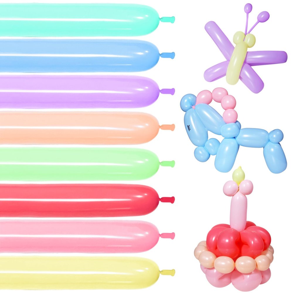 100Pcs Pastel Long Balloons forTying Balloon Arch, Assorted 260q Balloons Thickening Skinny Latex Twisting for Animals Shape modeling.