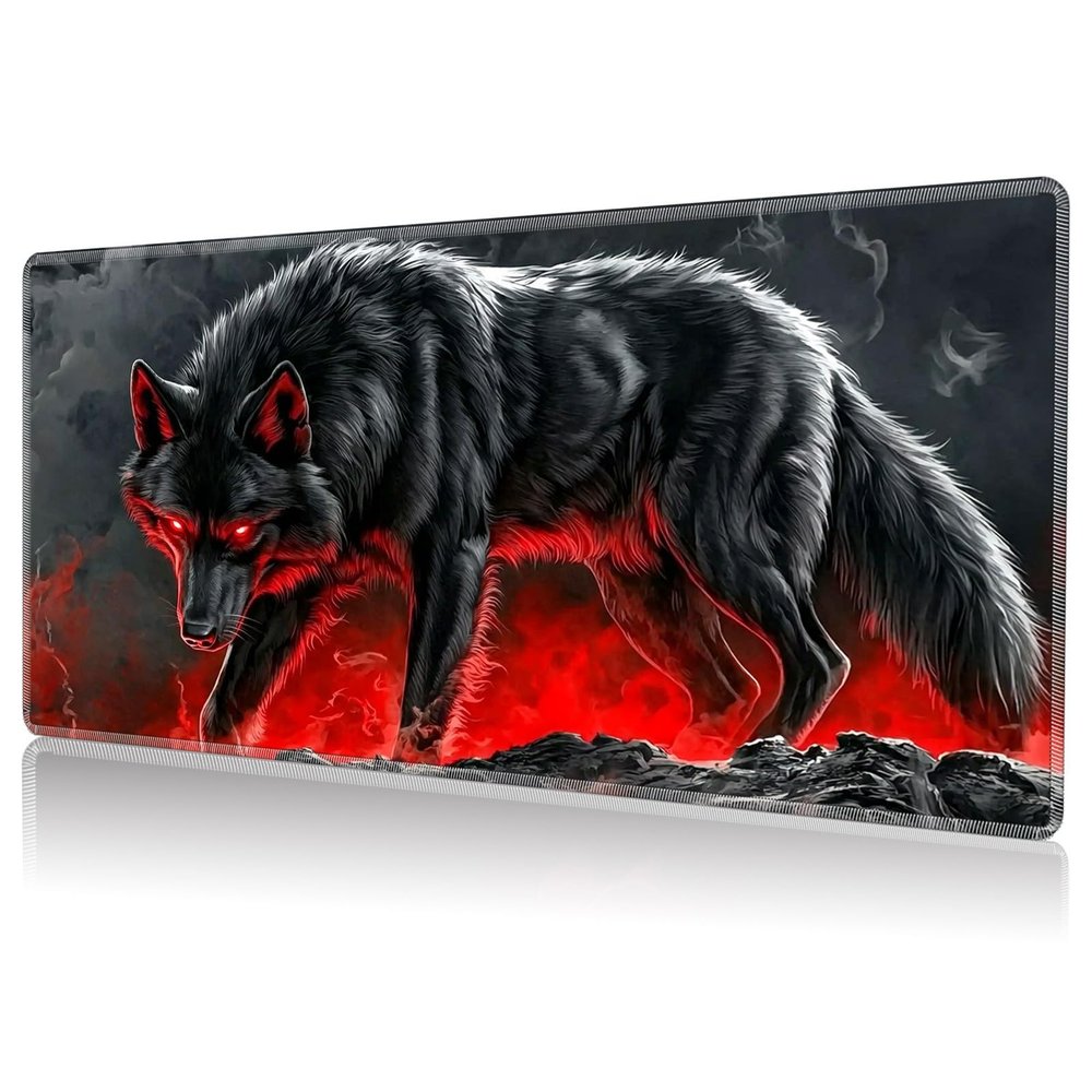 DHYYDSQZ Playmat for MTG, Game Play Mat Card Game Playing 24 x 14 inches Tabletop Magic Play Mats Non-Slip Rubber Base and Stitched Mousepad Desk Mats Playmats for MTG TCG,Fire Black Wolf