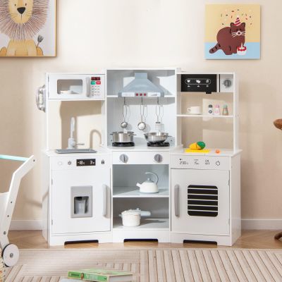 GLACER Play Kitchen, Corner Wooden Toy Kitchen w/Range Hood, Ice Maker, Sink, Faucet, Microwave, Oven, Utensils, Real Sounds & Lights, Kids Kitchen Playset for Toddlers Age 3+, Gifts for Boys & Girls
