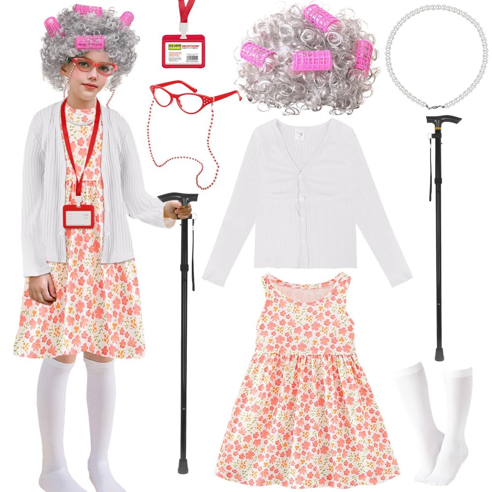Kitimi Kid 100th Day of School Costume, Old Lady Costume for Girls, 100 Days of School Costume Grandma Granny Wig Accessories Outfit