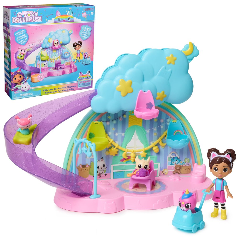 Gabby's Dollhouse Kitty Care Ear Purrfect Playroom  17-Piece Playset with 4 Toy Figures, Dollhouse Furniture, Doll Accessories & Baby Doll Stuff for Kids Ages 3+