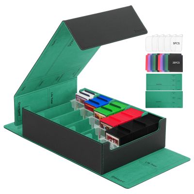 5 Row Trading Card Storage Box, 3800+Bulk Card Organizer Box with 20 Dividers & 5 Supporters, Graded Card Deck Box for YuGiOh, MTG, TCG with Double Lid Black/Green