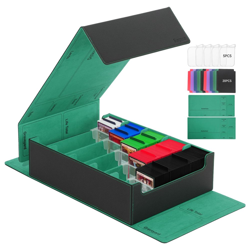 5 Row Trading Card Storage Box, 3800+Bulk Card Organizer Box with 20 Dividers & 5 Supporters, Graded Card Deck Box for YuGiOh, MTG, TCG with Double Lid Black/Green