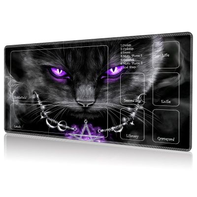DHYYDSQZ Playmat for MTG, Game Play Mat with Zones for MTG TCG Card Game Playing 24 x 14 inches Trading Card Game Playmats Non-Slip Rubber Base and Stitched Mousepad Desk Mats, Purple Eyes Cat