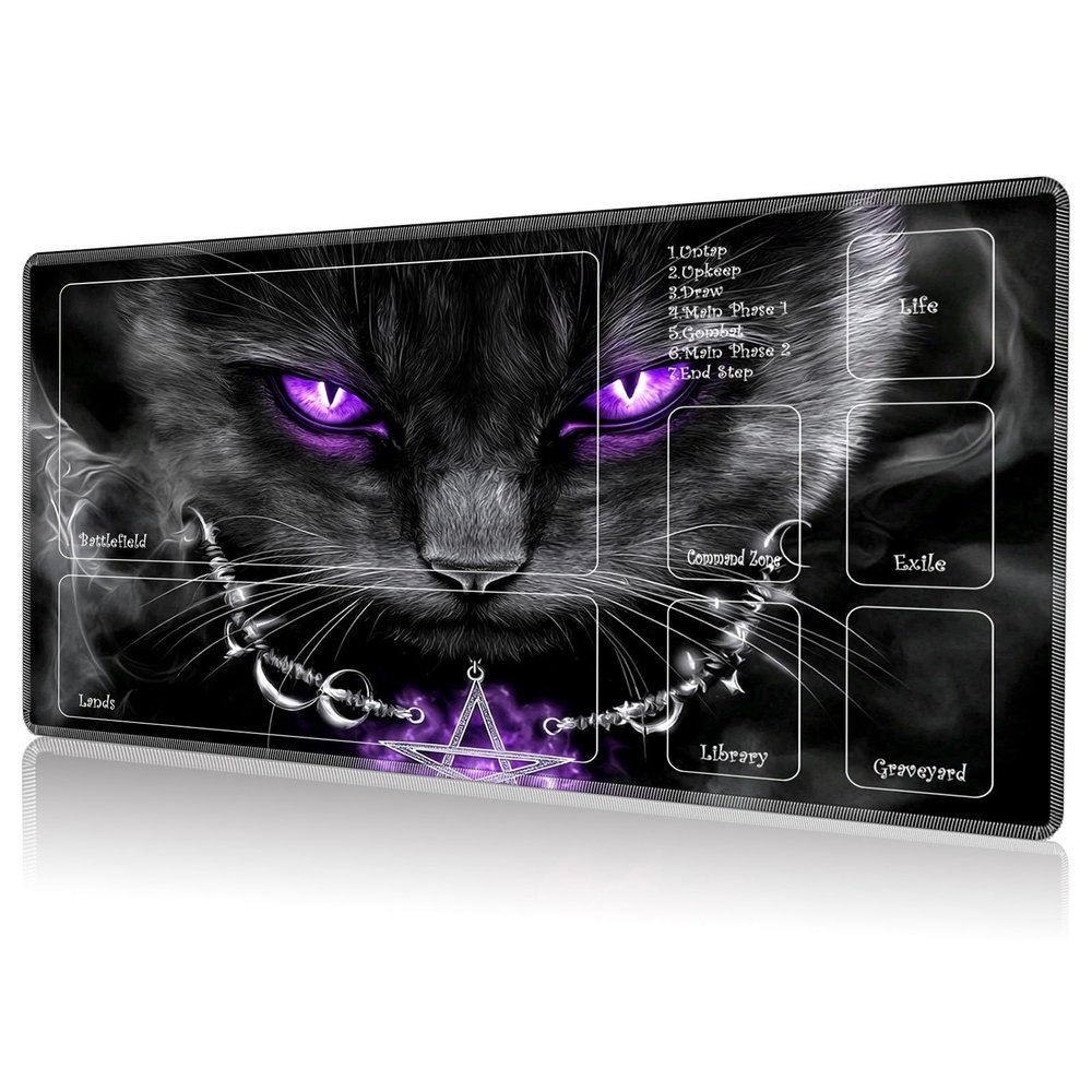 DHYYDSQZ Playmat for MTG, Game Play Mat with Zones for MTG TCG Card Game Playing 24 x 14 inches Trading Card Game Playmats Non-Slip Rubber Base and Stitched Mousepad Desk Mats, Purple Eyes Cat