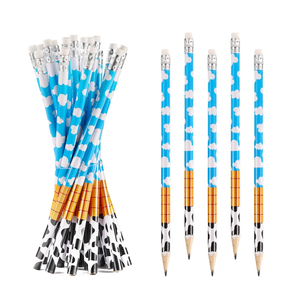 Gosknor 20pcs Toy Inspired Pencils, Wooden Cartoon Story Pencils with Eraser Cute Cow Print Pens for Kids Party Favors Birthday School Office Supplies Classroom Reward