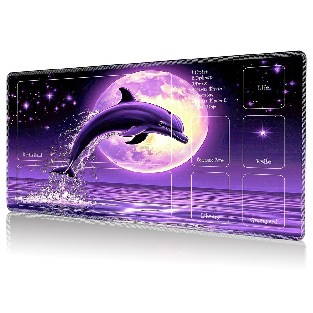 DHYYDSQZ Playmat for MTG, Game Play Mat for MTG TCG 24 x 14 inches Trading Card Game Playmats with Zones Non-Slip Rubber Base and Stitched Mousepad Desk Mats, Purple Moon Dolphin Jumping