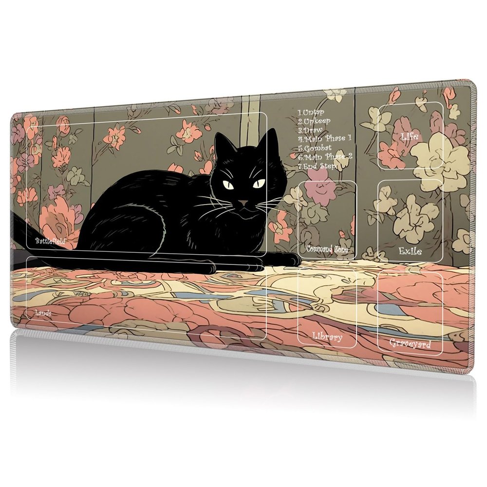DHYYDSQZ Playmat for MTG, Game Play Mat with Zones for MTG TCG Card Game Playing 24 x 14 inches Trading Card Game Playmats Non-Slip Rubber Base and Stitched Mousepad Desk Mats, Black Cat