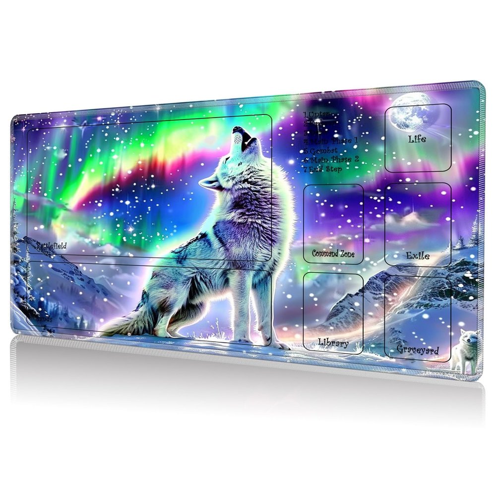 DHYYDSQZ Playmat for MTG, Game Play Mat with Zones for MTG TCG Card Game Playing 24 x 14 inches Trading Card Game Playmats Non-Slip Rubber Base and Stitched Mousepad Desk Mats, Howling Wolf Moon