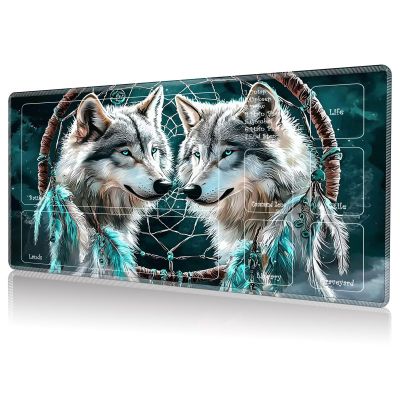DHYYDSQZ Playmat for MTG, Game Play Mat with Zones for MTG TCG Card Game Playing 24 x 14 inches Trading Card Game Playmats Non-Slip Rubber Base and Stitched Mousepad Desk Mats, Dream Catcher Wolves