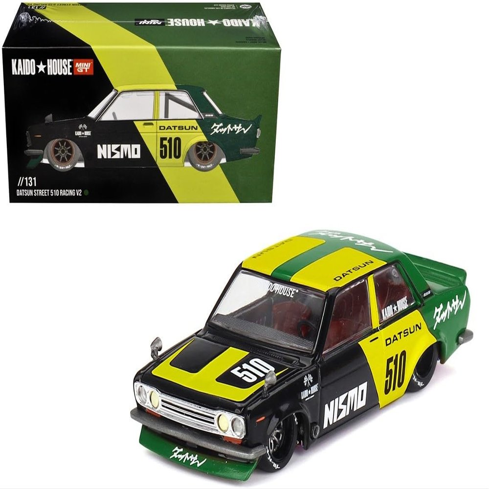 1:64 Scale Diecast Model Car Compatible with Nissan Datsun Street 510 Racing V2 Black Yellow Limited Edition by Kaido House KHMG131