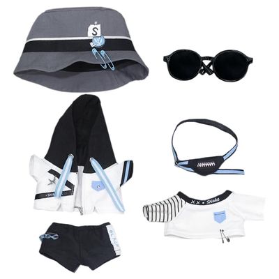 niannyyhouse 20cm Doll Clothes Bucket Hat Coat Pants T-Shirt Backpack Glasses Cool Outfit 8in Plush Toy Dressup (White)