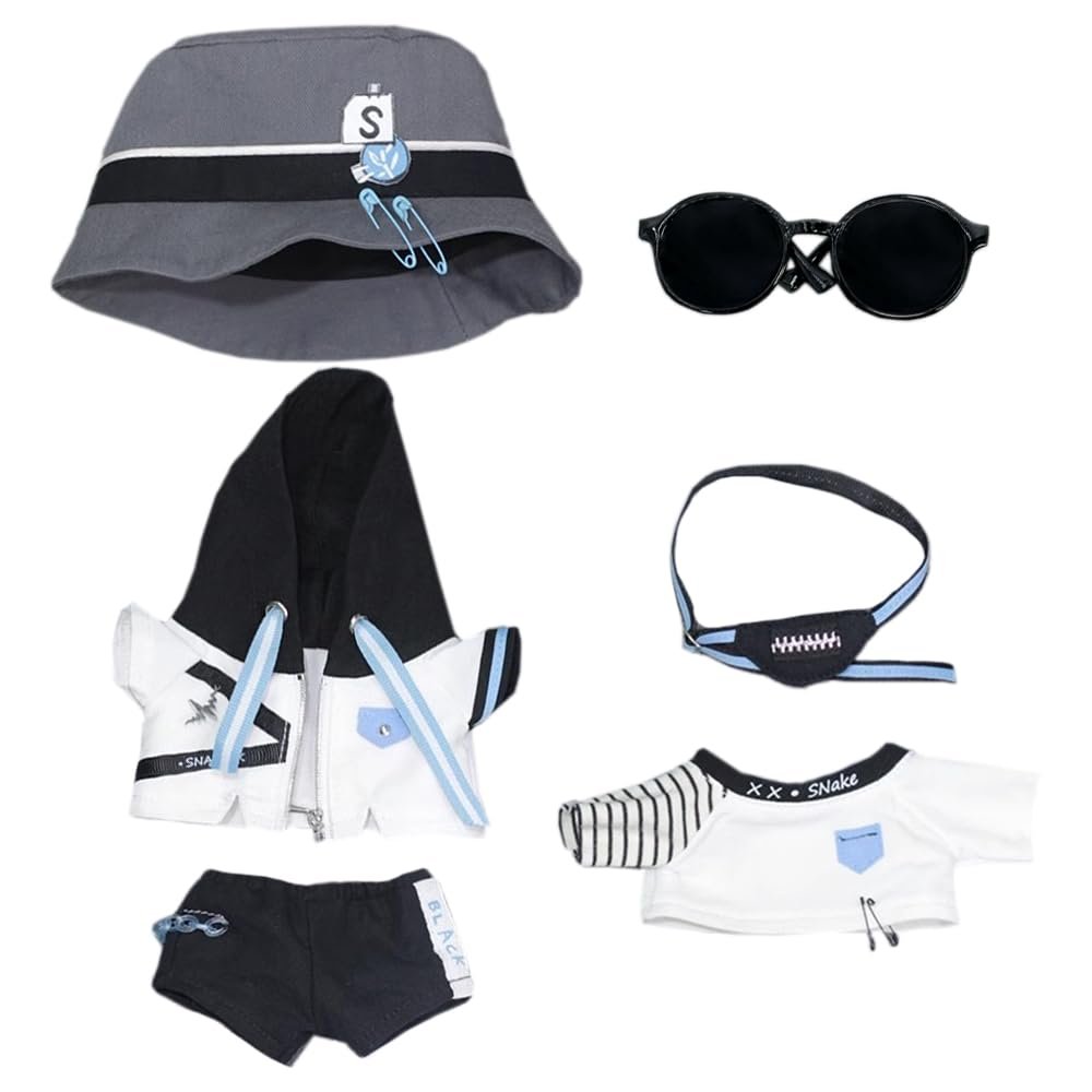 niannyyhouse 20cm Doll Clothes Bucket Hat Coat Pants T-Shirt Backpack Glasses Cool Outfit 8in Plush Toy Dressup (White)
