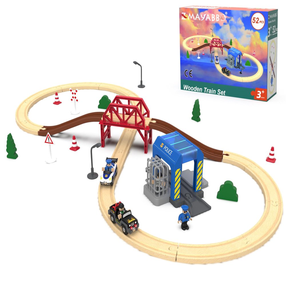 Wooden Train Set for Toddlers, 52Pcs Train Toy with Railway Track for Kids, Wooden Train Tracks Include Expansion Pack Compatible with Thomas, Brio, Chuggington