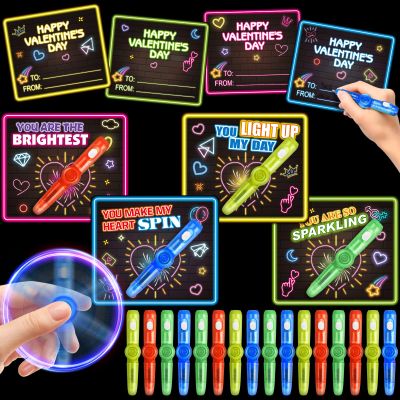 Shemira 24 Pack Valentines Day Cards for Kids, 24 Light Up Spinning Toy Pens for Valentines Gifts Exchange, Valentine School Classroom Favors for Kids Boys Girls, Valentines Cards for Kid