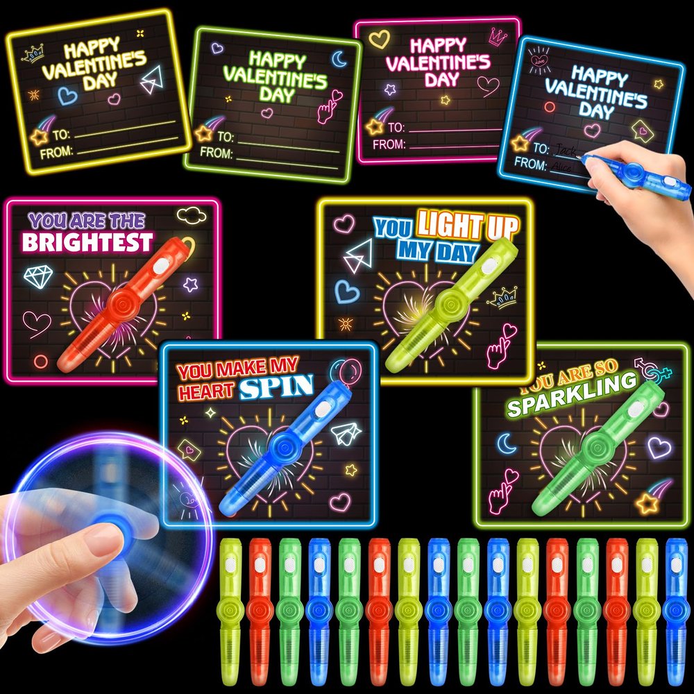 Shemira 24 Pack Valentines Day Cards for Kids, 24 Light Up Spinning Toy Pens for Valentines Gifts Exchange, Valentine School Classroom Favors for Kids Boys Girls, Valentines Cards for Kid