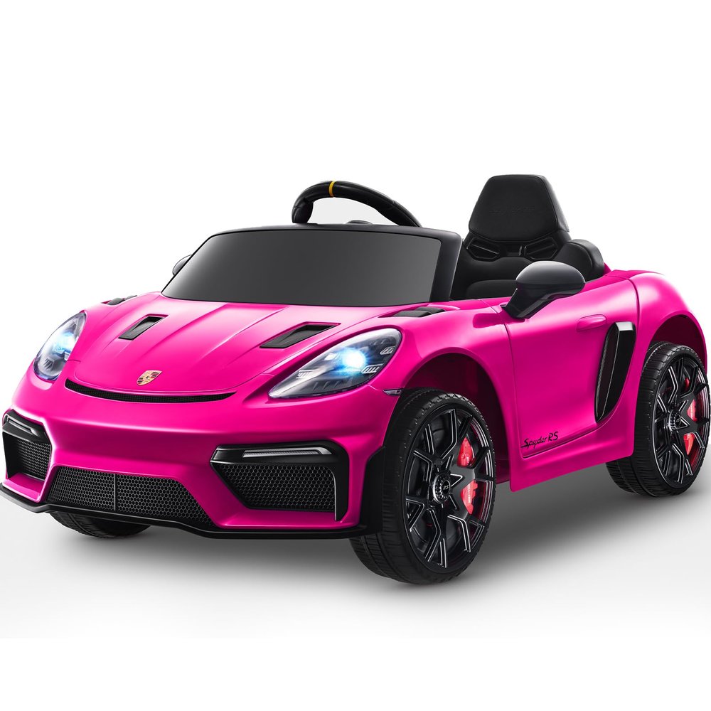 12V Ride on Car Licensed Porsche 718, Kids Electric Car with Remote Control, Front/Rear LED Light, Radio, USB/AUX, Openable Doors, Suspension Function, Durable Tires (Pink)