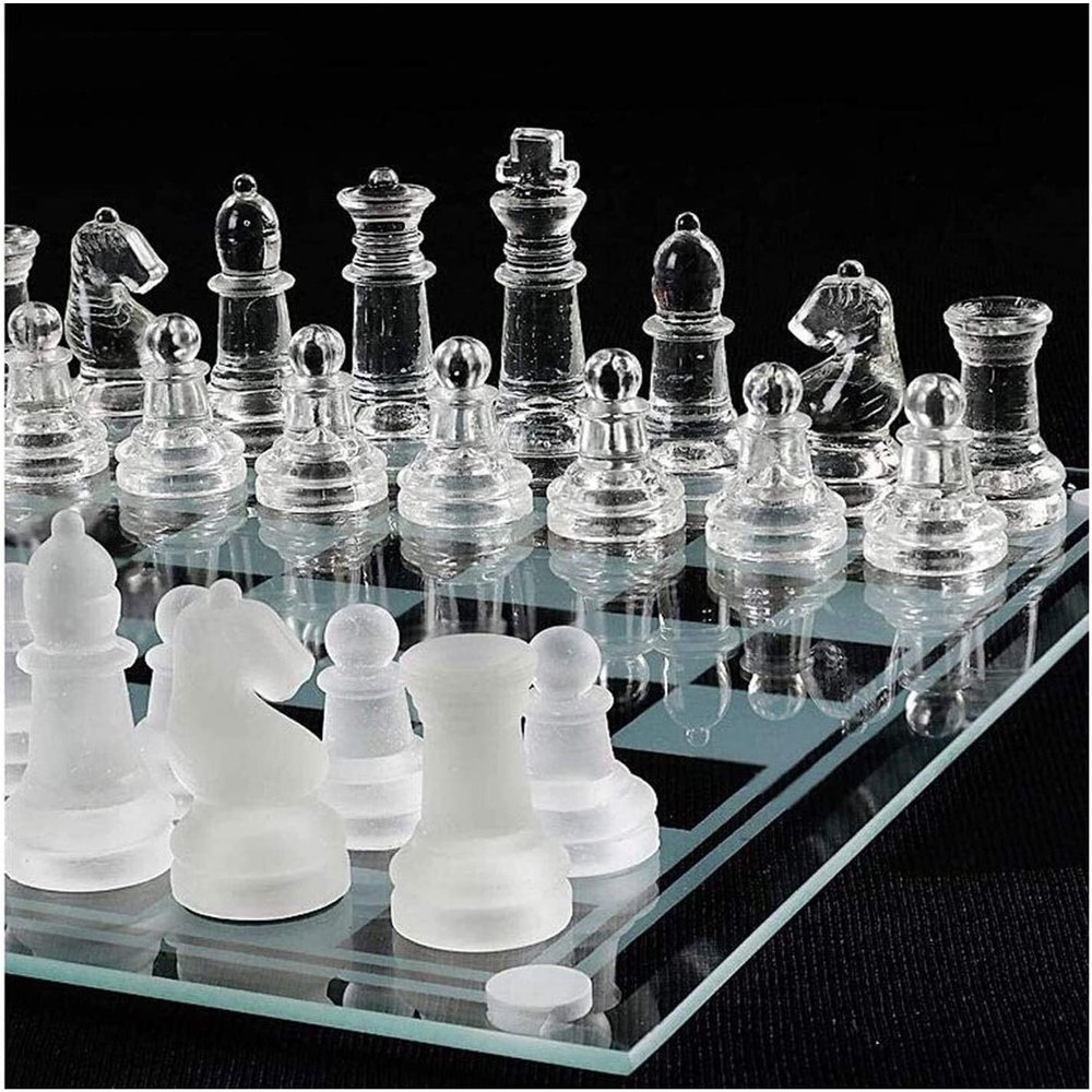 3FLQOOPP Glass Chess Set Frosted Shiny Glass Set Padded Bottom Glass Chess Pieces International Crystal Young Adult Game Set (Size : 25X25CM)