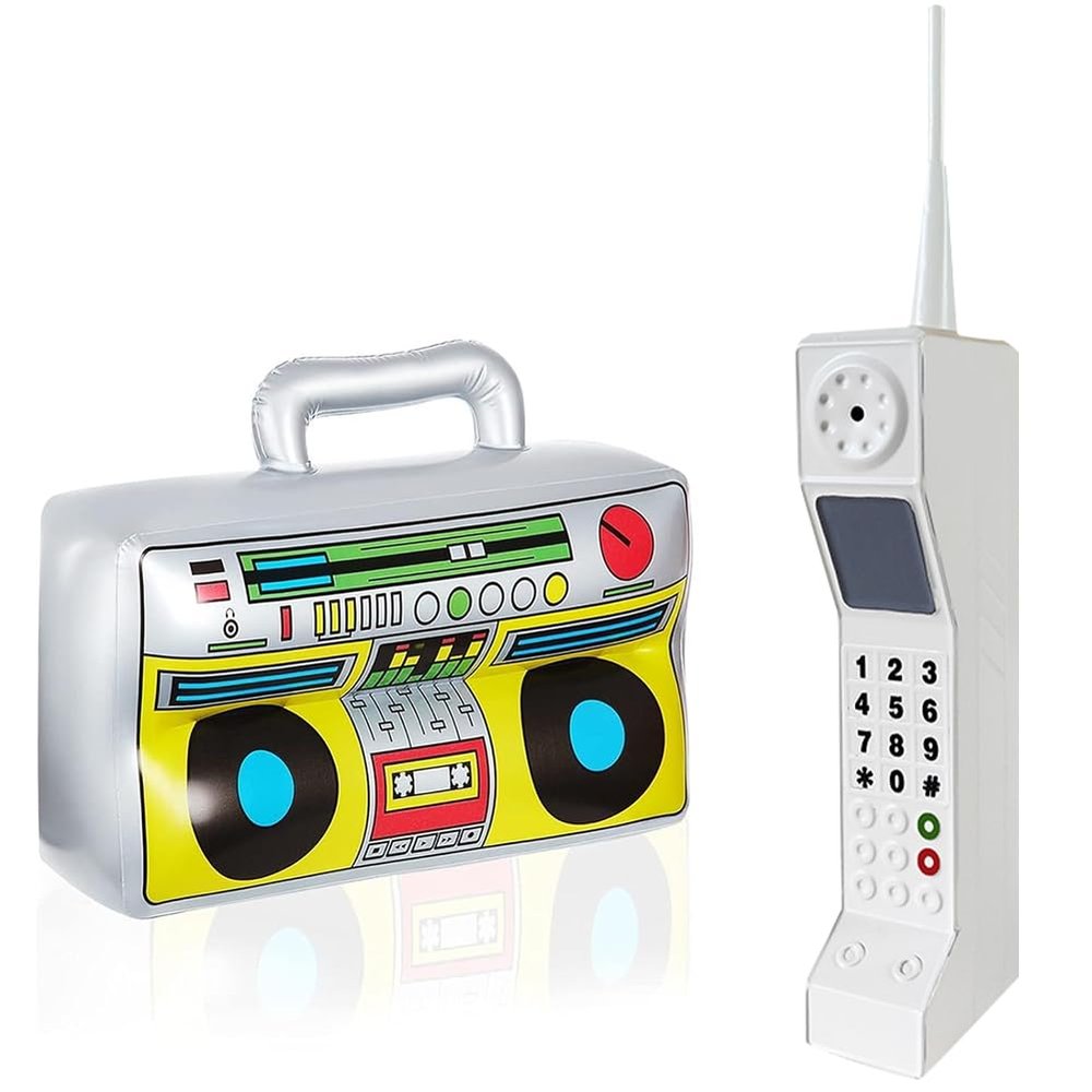 TOTITOM 2 Pieces Inflatable Radio Boombox Iron Mobile Phone Props, for 80s 90s Party Decorations Hip Hop Theme Birthdays Party Supplies(White+Inflatable Radio)