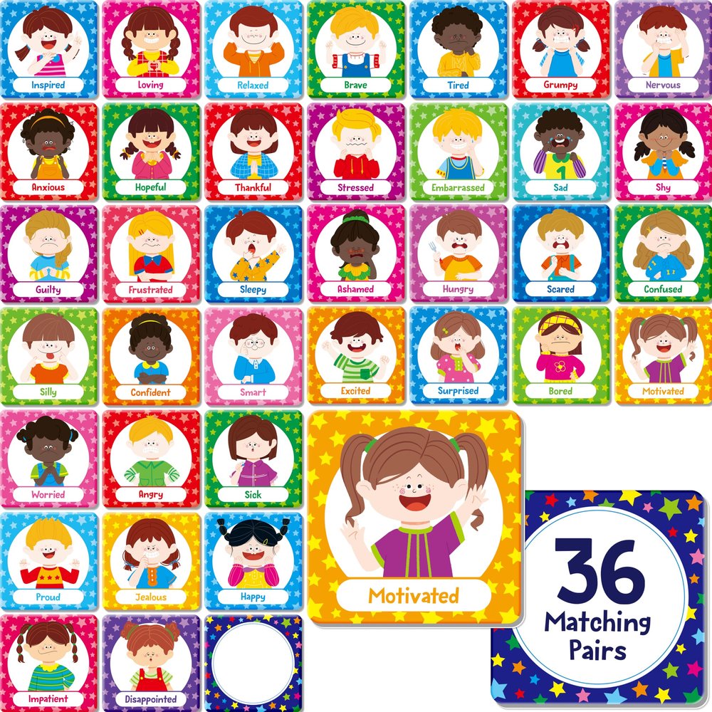 72 PCS Emotions Matching Game, 36 Pairs Feelings Memory Matching Cards Emotional Learning Activities Calm Down Corner Supplies for Baby Toddler Pre-K Preschool Kindergarten Autism ADHD