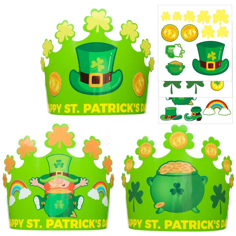 AUGTHEEP 27 Pack St. Patrick's Day Crown Crafts for Kids Shamrock Paper Hats with Stickers for Kids St. Patrick Party Favors