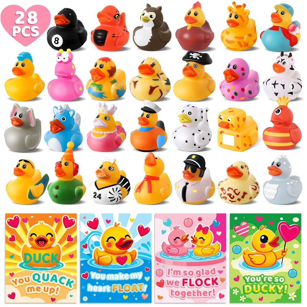 28 Pack Valentines Day Gifts for Kids, Valentine Rubber Ducks in Bulk with Valentines Cards for Girls Boys School Classroom, Assorted Ducks for Jeeps, Valentine's Party Favors Classroom Exchange Gifts