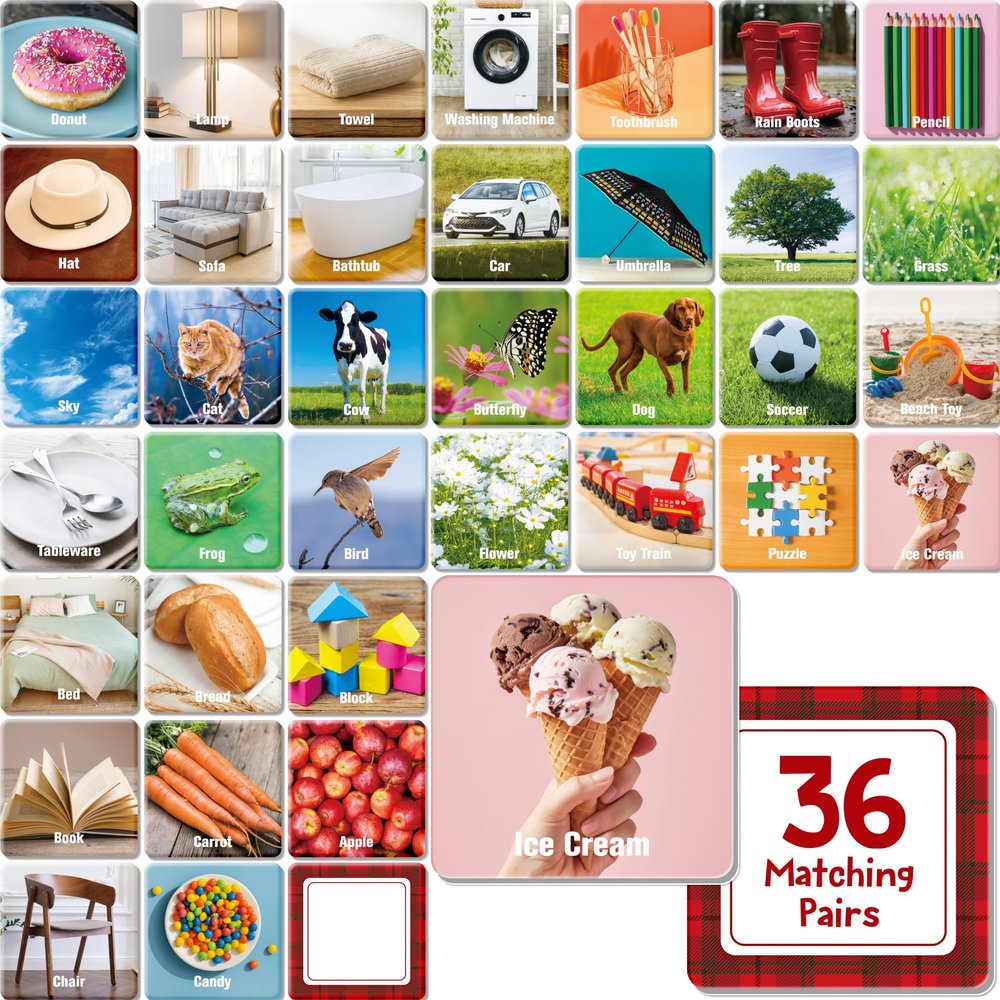72 PCS Daily Items Matching Game, 36 Designs Everyday Objects Memory Cards Engaging Picture Matching Game, Educational Learning Toys for Preschool 4 5 6 Years Old