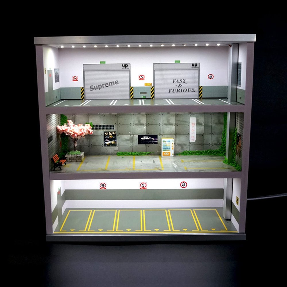 1/64 Car Model Display Case with Parking Lot Scene Toy Model Car Display with LED Lights (1:64 Scale, 16 Parking Spaces)
