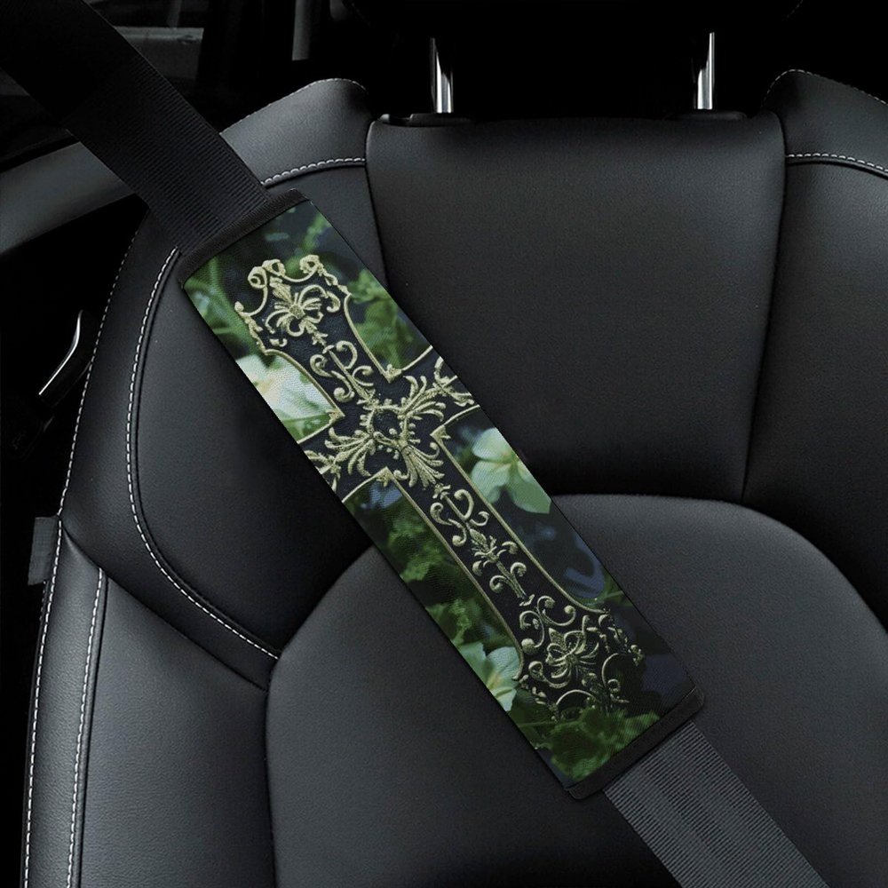 2PCS Car Seat Belt Pads Universal Auto Seatbelt Shoulder Pad Black Cross Among Green Flowers Seat Belt Cover Comfortable Driving Shoulder Strap Covers Harness Pad for Car Interior Accessories