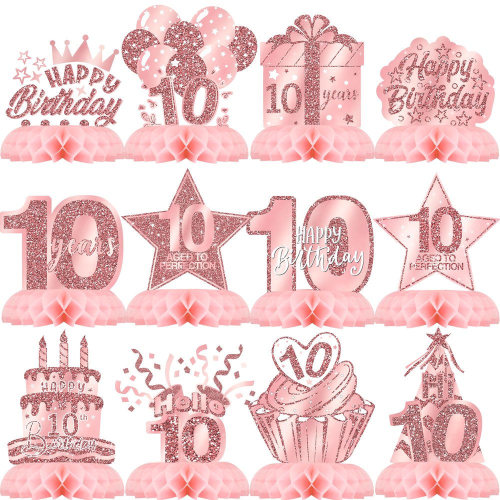 10th Birthday Decorations for Girls 12PCS Rose Gold Honeycomb Table Centerpieces Pink Rose Gold Party Supplies for 10 Year Old Girl Celebration