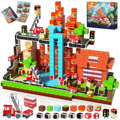 GoodyKing Magnetic Blocks|100PCS Fire Truck Magnetic Building Cube Game,Constructions Toys for Boys & Girls Age 3-4,5-8 9 10,STEM Montessori Stacking Toy,Sensory Tiles Building Christmas for Toddlers