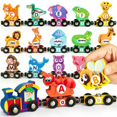 Helsort Wooden Alphabet Train Set for Toddlers  Magnetic ABC Train with Snap-Connection, Animal-Themed Educational Preschool Toy for Kids Ages 3-5, Montessori STEM Learning Gift for Boys and Girls
