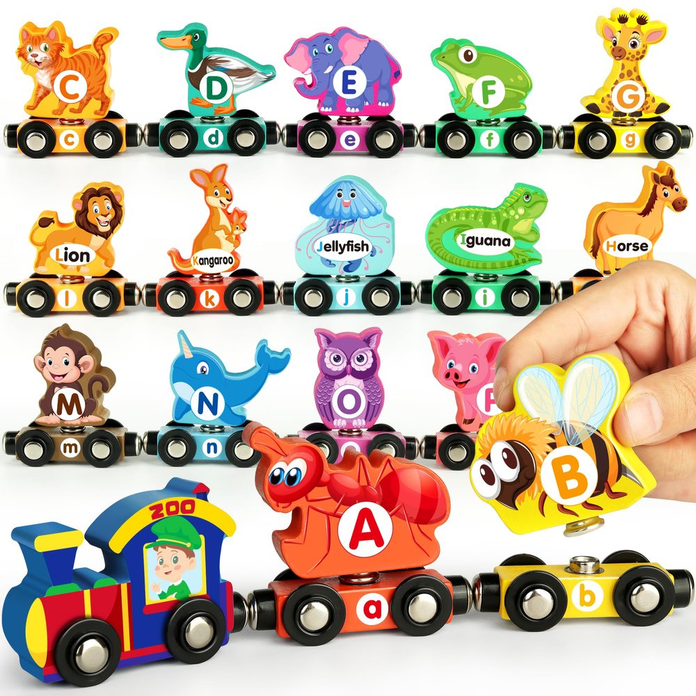 Helsort Wooden Alphabet Train Set for Toddlers  Magnetic ABC Train with Snap-Connection, Animal-Themed Educational Preschool Toy for Kids Ages 3-5, Montessori STEM Learning Gift for Boys and Girls