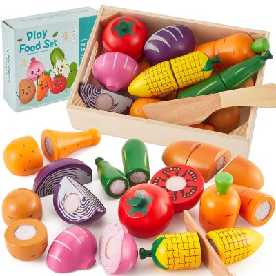HERSITY Wooden Play Food for Toddlers, Cutting Vegetables Toys Kids Pretend Play Kitchen Accessories Wood, Educational Gifts for 18+ Month Girls Boys