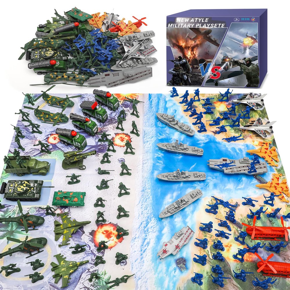 Army Men Playset - Large Set Including Army Men Action Figures, Battle Mat, Army and Navy Weapon Gear Accessories, Military Combat Toys, Army Toys for Boys Age 4-12