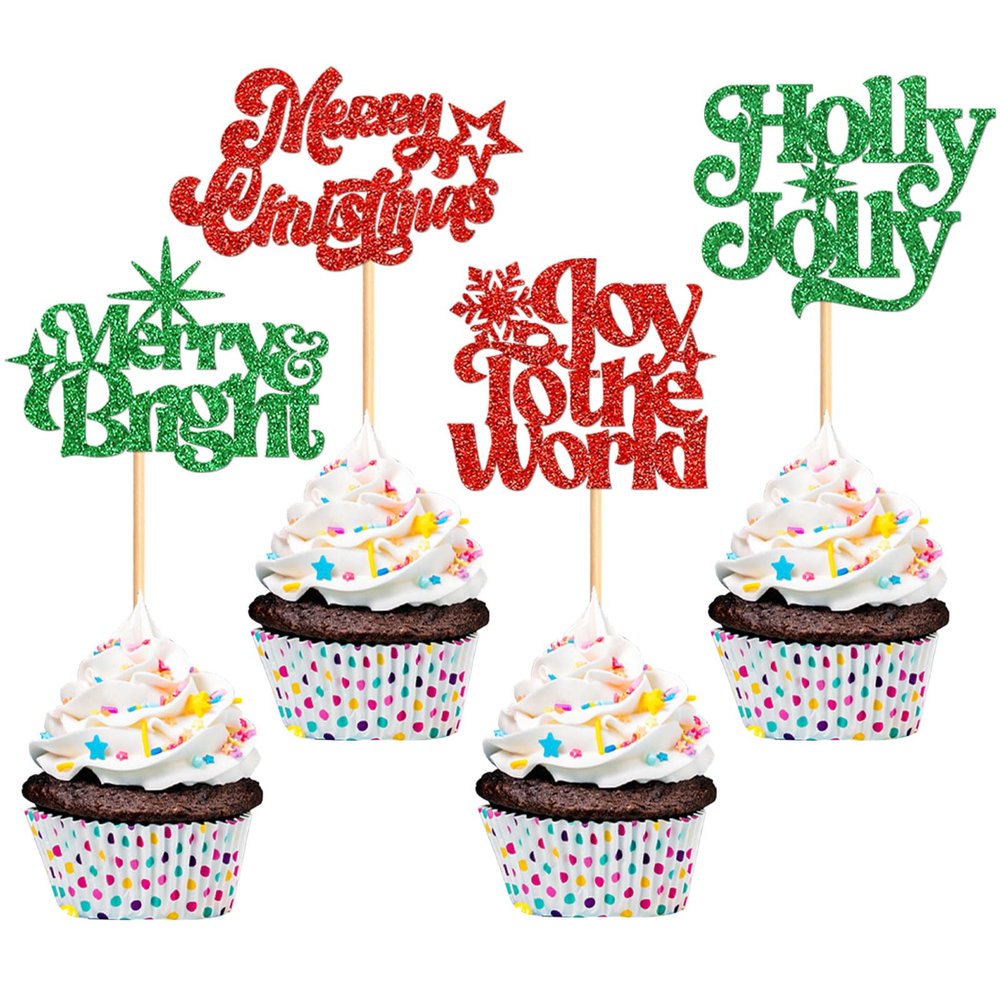 24Pcs Merry Christmas Cupcake Toppers Merry Bright Cupcake Picks