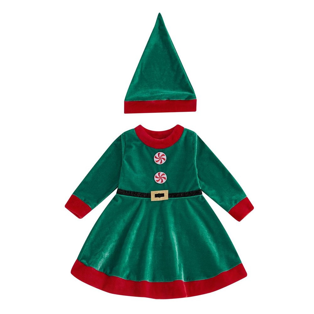 Aifawile Kids Toddler Baby Girls Christmas Elf Costume Santa Clothes Velvet Princess Dress Hat Socks Xmas Holiday Dress Up Costume (Green Patchwork Dress with Hat, 6-12 Months)