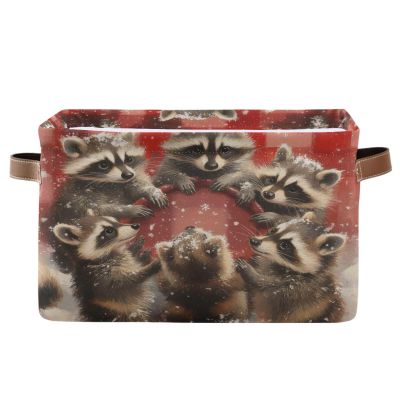 Maunzc Cute Christmas Raccoons Storage Bins Collapsible Storage Basket with Metal Frame, Fabric Shelves Bins Closet Baskets with Handles, 2-Pack