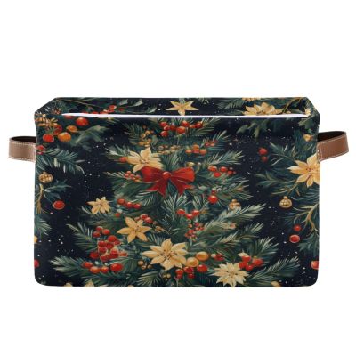 Maunzc Christmas Tree Pattern Storage Bins Collapsible Storage Basket with Metal Frame, Fabric Shelves Bins Closet Baskets with Handles, 2-Pack